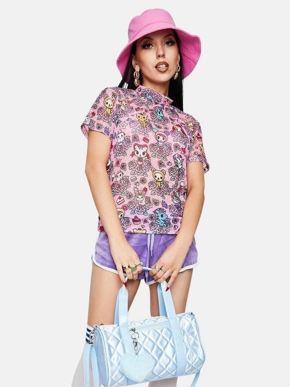 TokiDoki Flowery Friends Pink Short Sleeve Mock Turtleneck - Picture 7 of 9